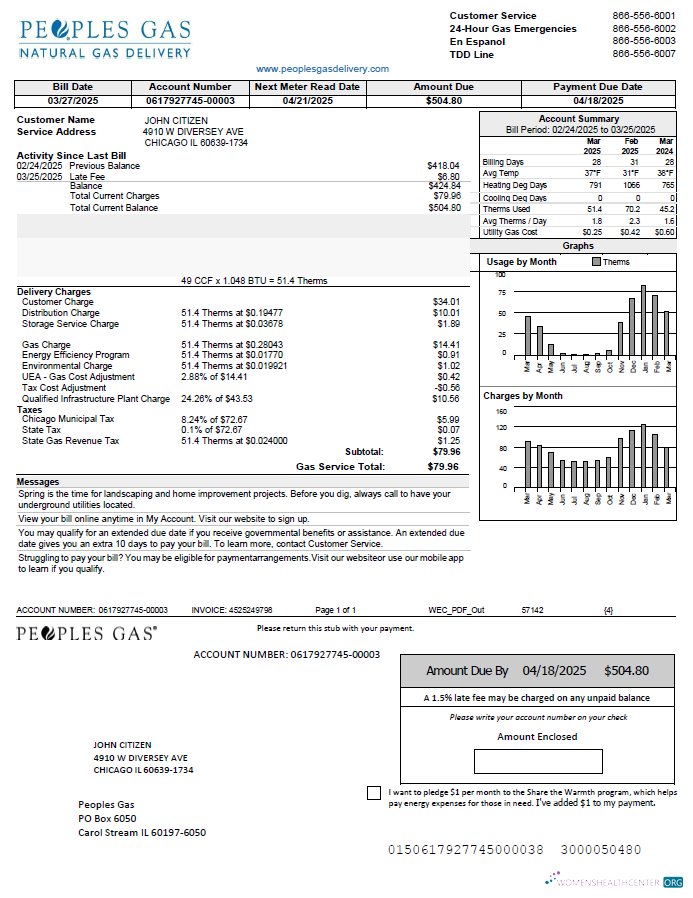 download download USA Peoples Gas utility bill template in Word and PDF formats, version 2 PDF template PDF template